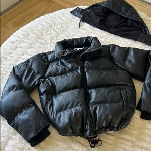 Good American Faux Leather Puffer with drawstring waist and removable hood